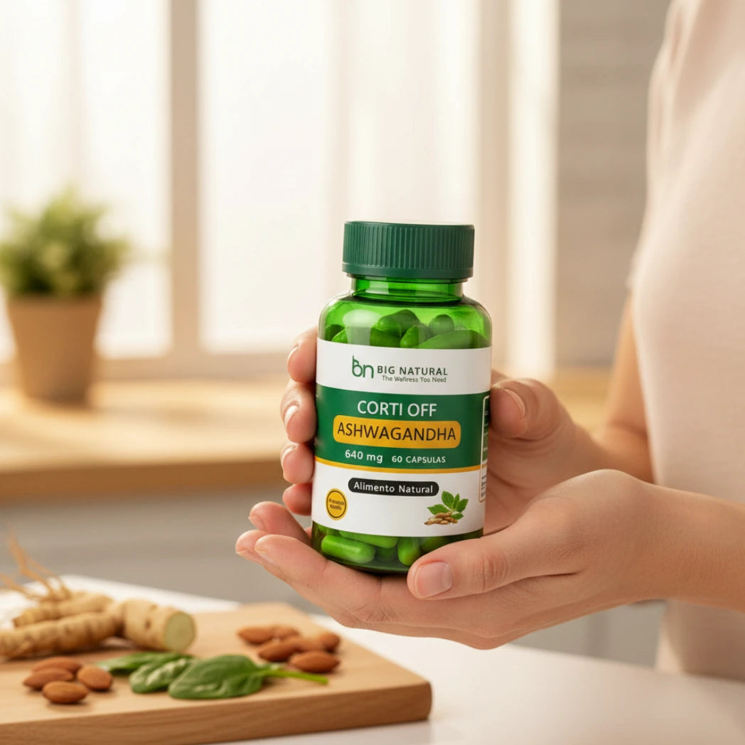 frasco de ashwagandha en mano de mujer