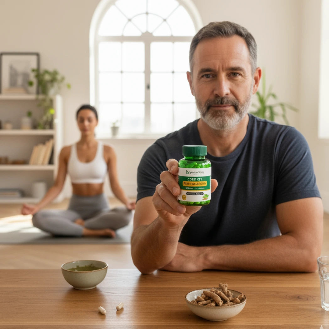 hombre con frasco de ashwagandha en su mano