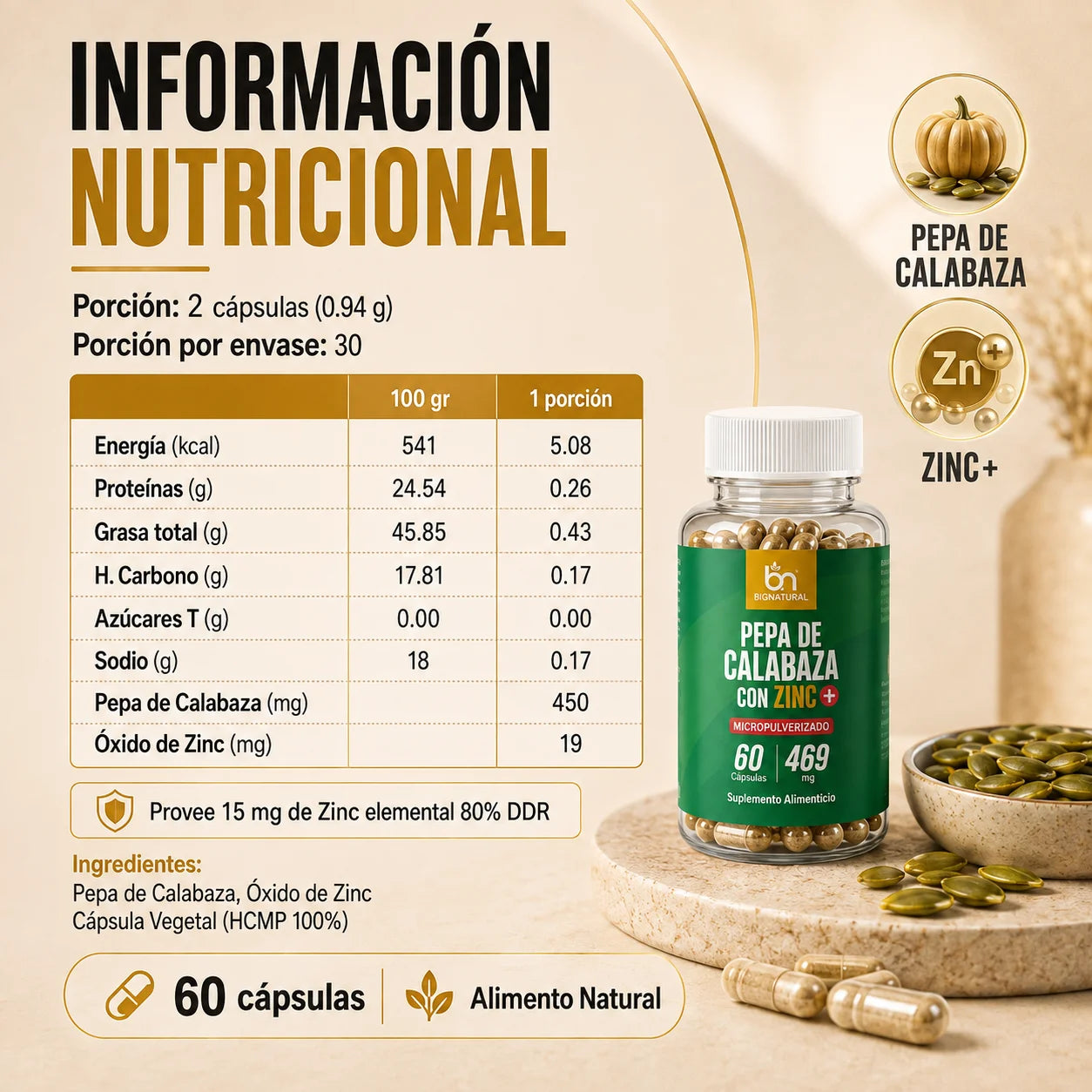 Pepa de Calabaza Micropulverizado + Zinc 60 cápsulas