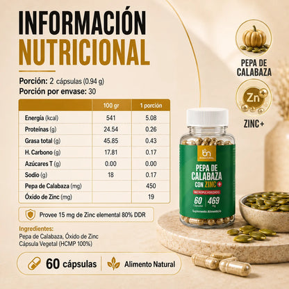 Pepa de Calabaza Micropulverizado + Zinc 60 cápsulas