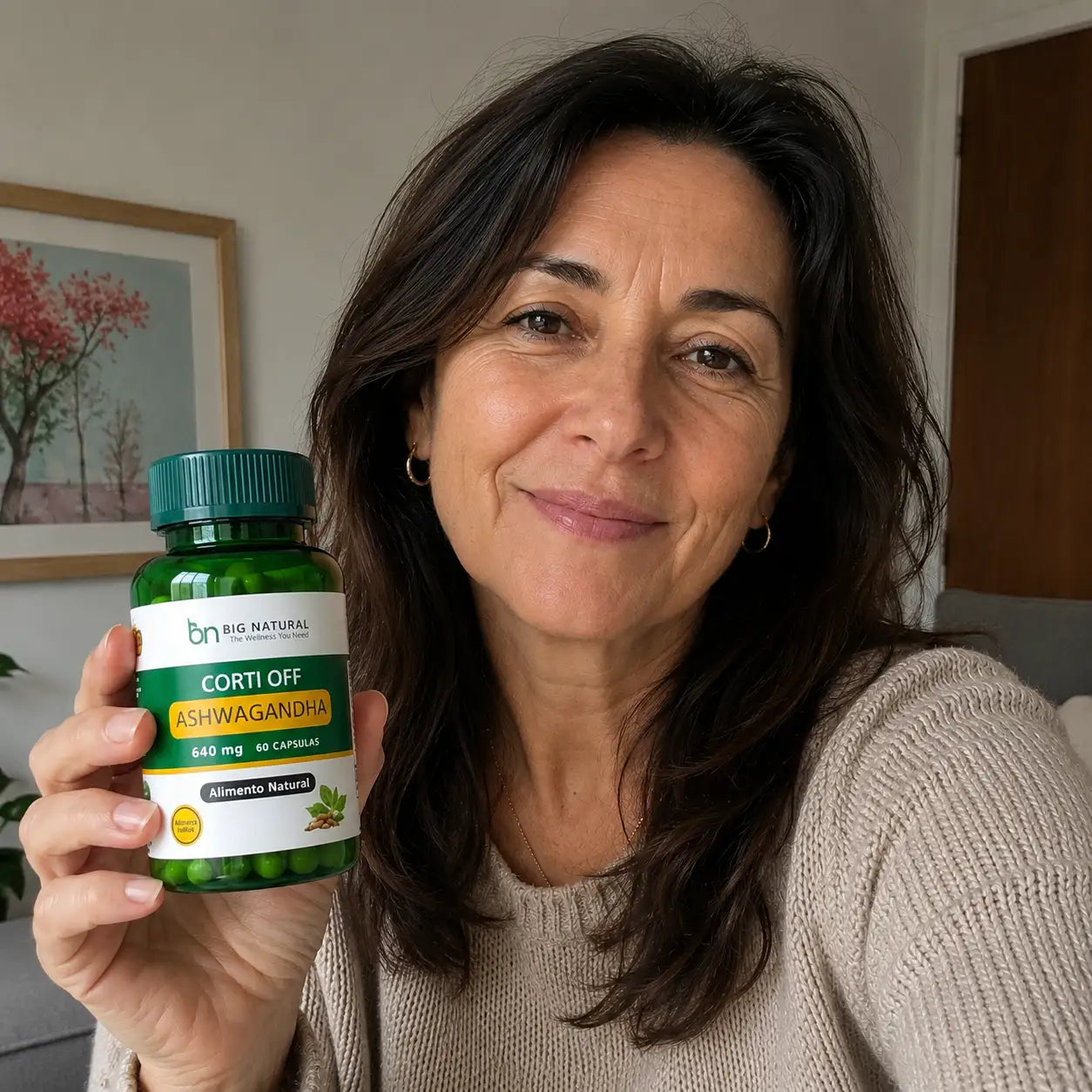mujer con frasco ashwagandha en la mano