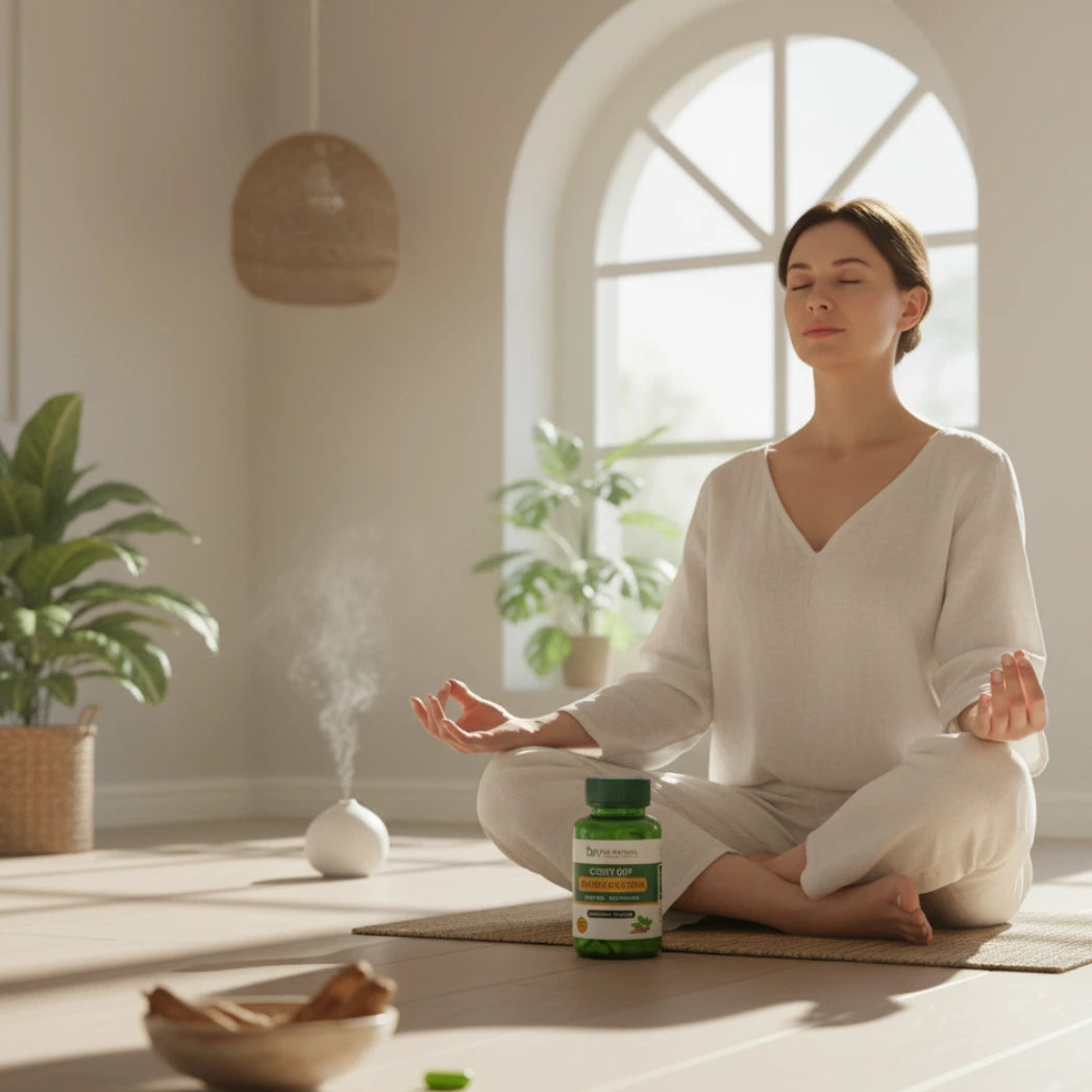 mujer meditando con frasco de ashwagandha